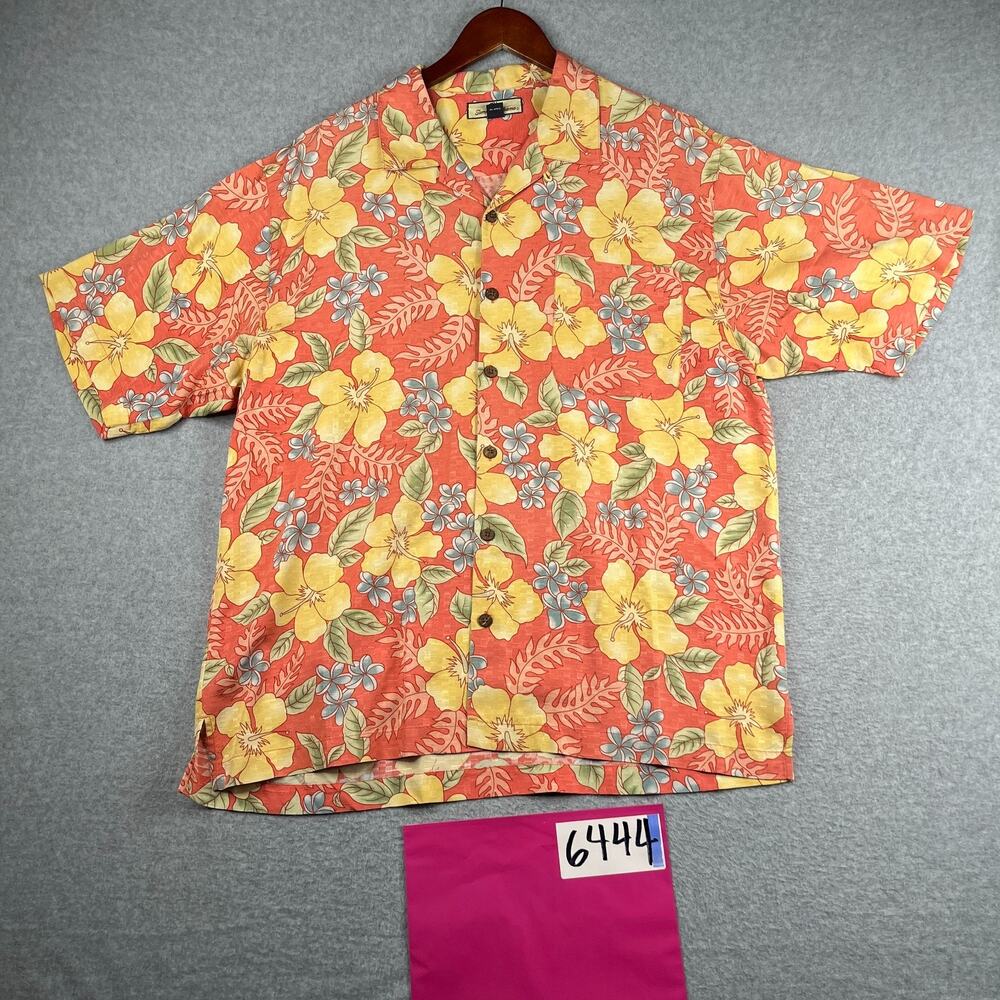 Tommy Bahama Hawaiian Silk Shirt Large Pink Floral Button Up Short Sleeve Mens